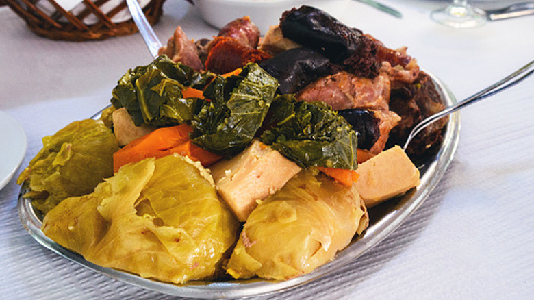 Plate of Cozido à Portuguesa with boiled meats and veggies