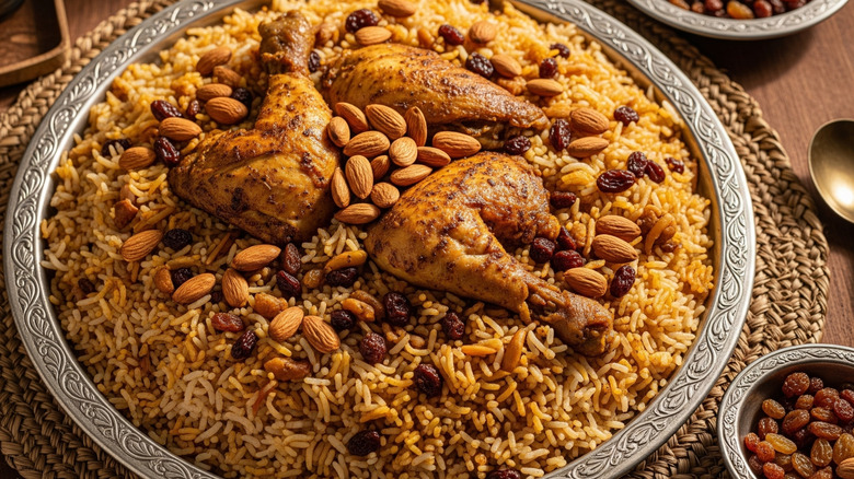 Large dish of Machboos with chicken, rice, toasted almonds, and raisins