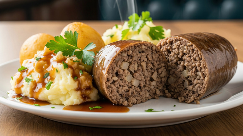 Plate of halved haggis with mashed potatoes, gravy, and dinner rolls