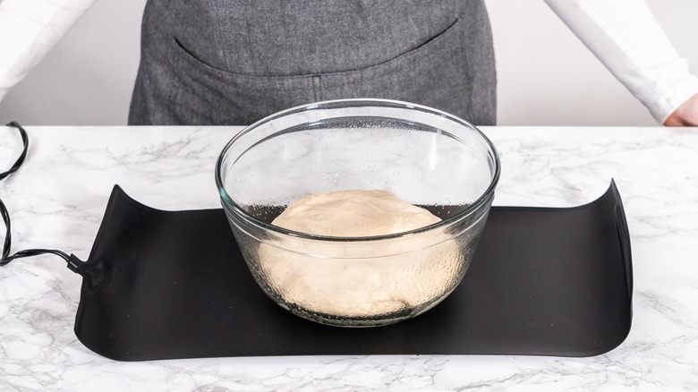 Bread dough rising on top of heating pad