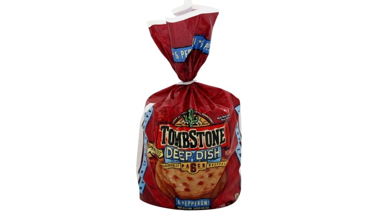 A 6-pack of Tombstone deep dish microwaveable pizzas.