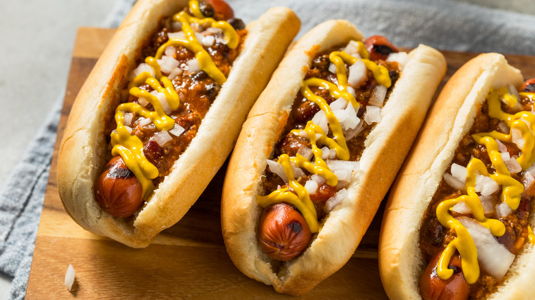 Coney Island hot dogs with mustard, chili, and onions