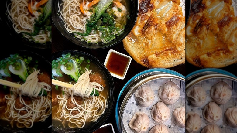 Chinese dim sum dishes with two bowls of ramen from LanZhou