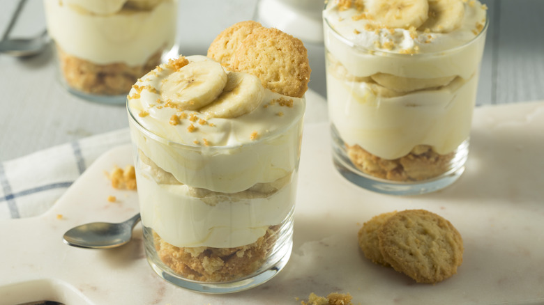 Banana pudding in clear glasses