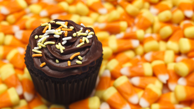 Chocolate cupcake on candy corn
