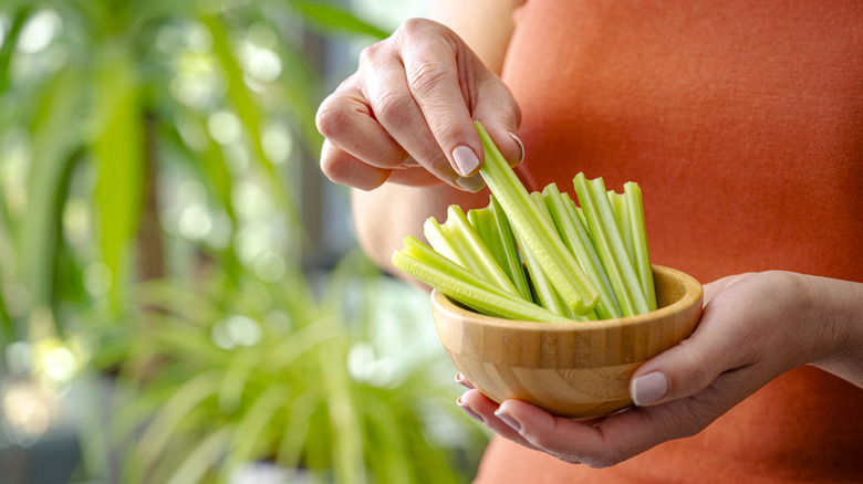 Close-up of hands holding a bowl of celery sticks