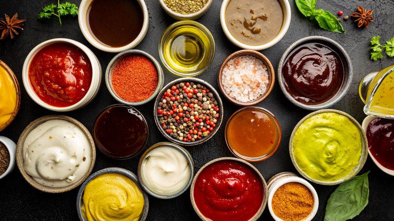 Various condiments in bowls