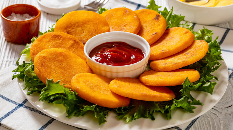Corn dodgers sit arranged on a plate.