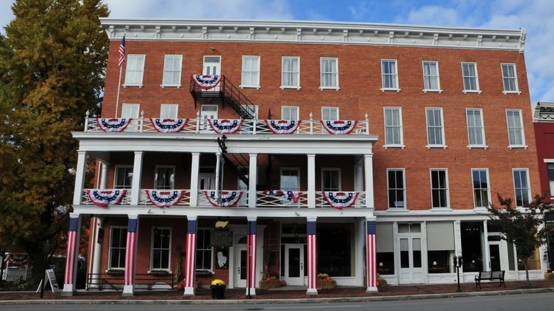 Patriotic bunting decorates exterior of The Golden Lamb