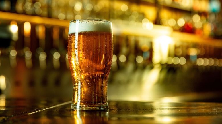 Beer glass pint filled to the top on a bar