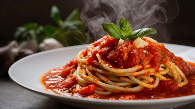 A plate of pasta with marinara sauce garnished with basil