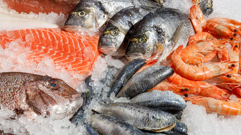 A colorful array of fresh seafood arranged on ice