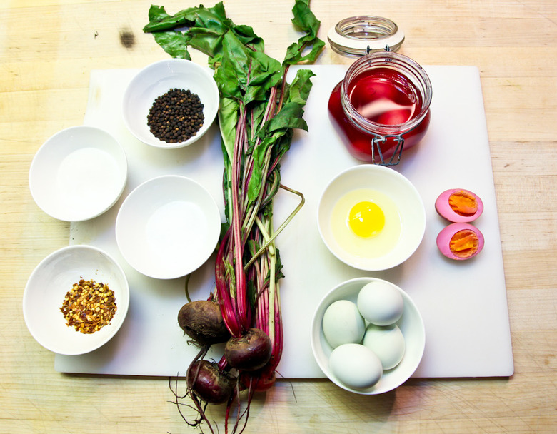 Beets? Check. Chili flakes? Check. Okay, time to make pickled eggs. These are going to look great on the home bar.