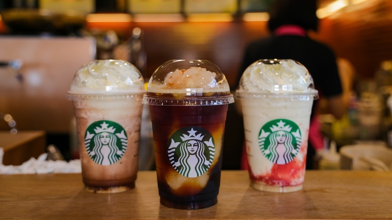 group of starbucks iced drinks