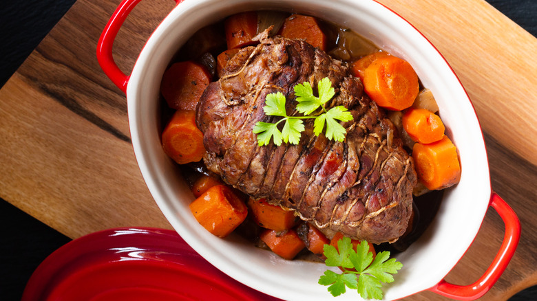 A pot roast in a Dutch oven.