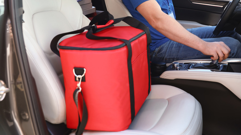 thermal food bag sitting in car next to driver