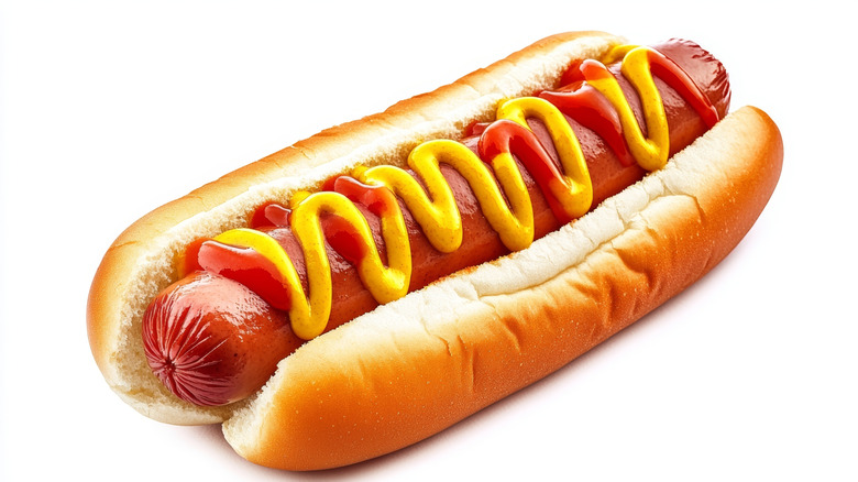 Hot dog with ketchup and mustard.