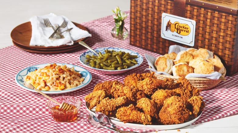 Cracker Barrel fried chicken, biscuits, green beans, and mac and cheese.