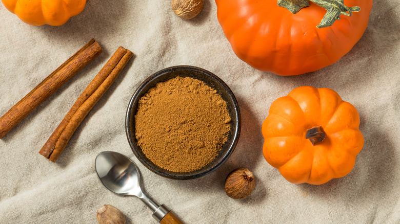 pumpkin pie spice in a table next to cinnamon sticks, pumpkins, and nutmeg