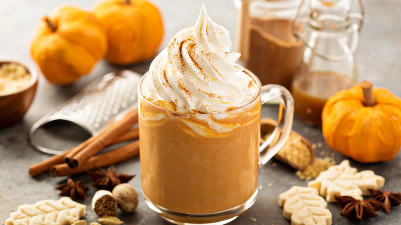 Pumpkin spice latte in glass mug
