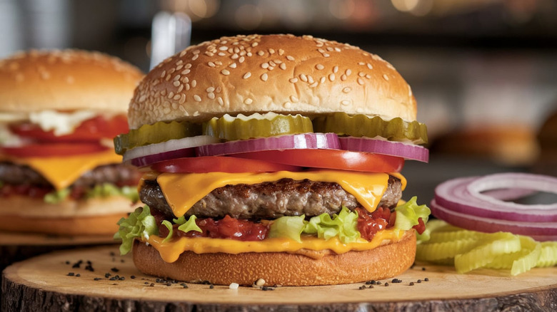 Cheeseburger with onion, pickles, lettuce, and tomatoes on a wooden slab
