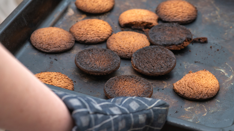 Overbaked cookies on a baking tray