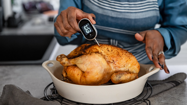 a person takes the temperature of cooked chicken