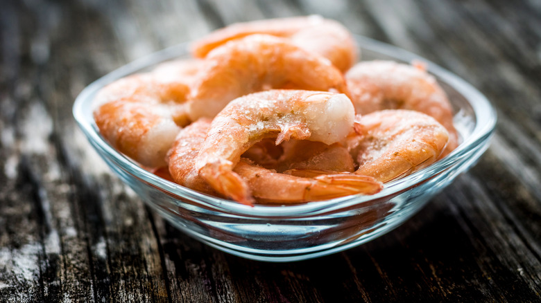 frozen shrimp in glass bowl