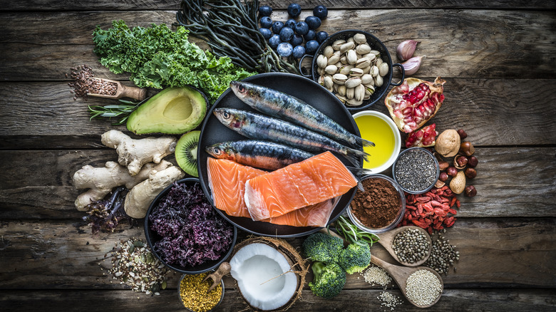 sardines and salmon with avocado and other healthy ingredients