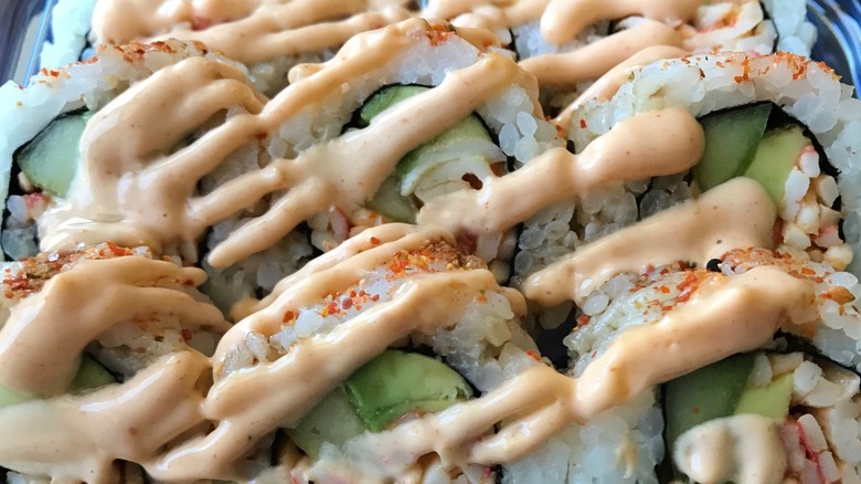 A close up of Sam's Club sushi reveals the fresh ingredients inside
