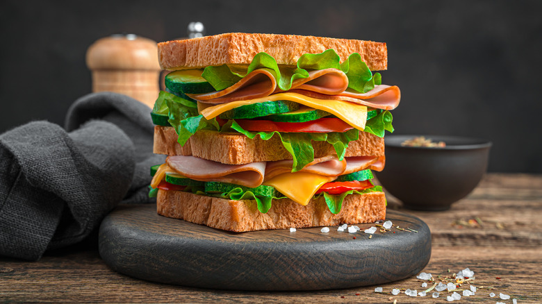 Double-decker ham and cheese sandwich
