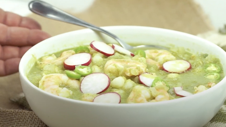 Bowl of pozole verde with shrimp