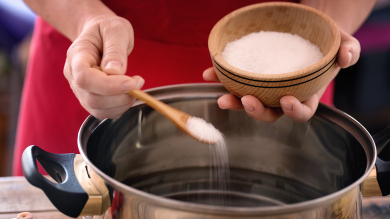 Hands seasoning pot of water with salt