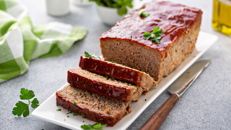 Sliced meatloaf with glazed topping