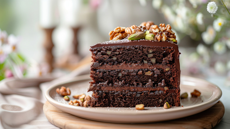 Layered chocolate cake with chocolate frosting topped with walnuts and pistachios, all on a white plate.
