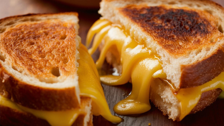 Melty cheese oozing off the edges of toasted bread from a halved sandwich
