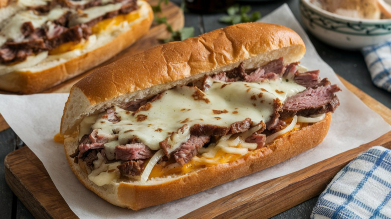 Hoagie roll packed with steak, cheese, and onions on parchment