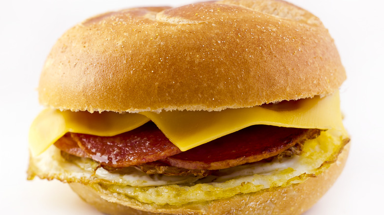 Taylor ham with egg and cheese on a roll