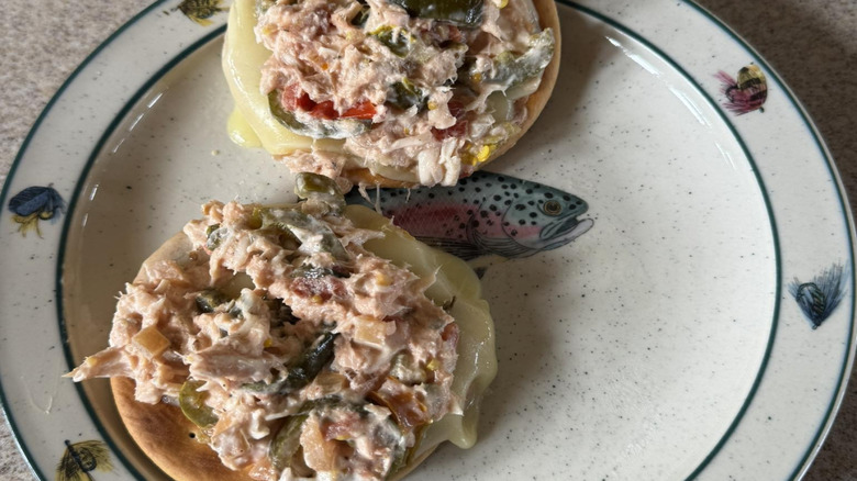 Salmon mixed with cheese, jalapeño, and salsa served on pilot bread