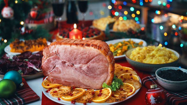 leg of ham pictured on table