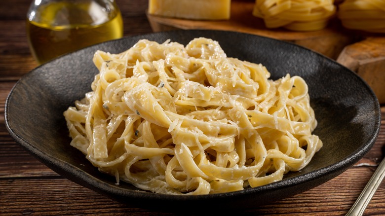 Bowl of fettuccine pasta with alfredo sauce