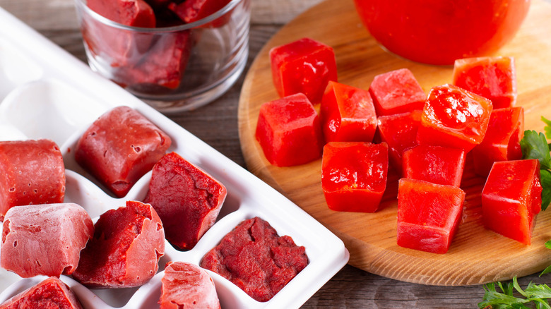 Frozen cubes of tomato paste