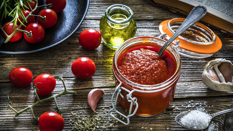 Glass jar of tomato paste