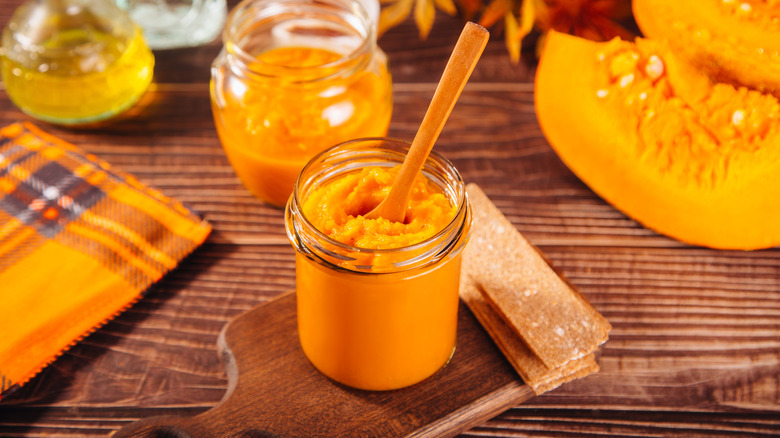 Pumpkin puree stored in a jar.