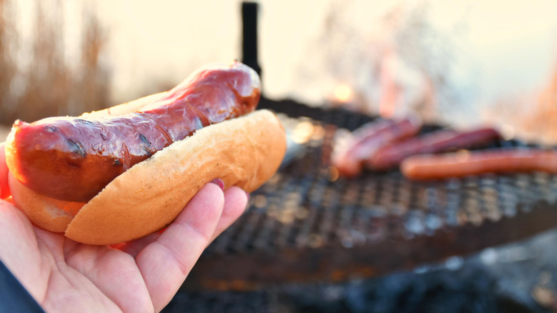 Person holding a hot dog on a bun by a grill.