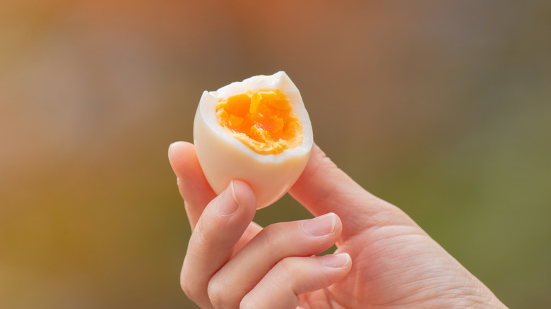 hand holding hard boiled egg that's been bitten