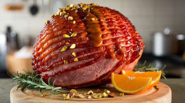 An orange glaze is drizzled onto a baked ham sitting on a round wooden serving vessel, with orange wedges and a sprig of rosemary sitting adjacent