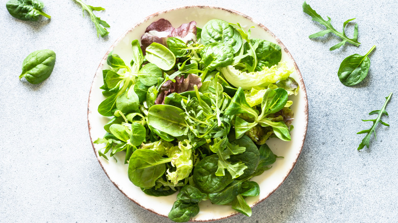 Mixed greens on a white plate