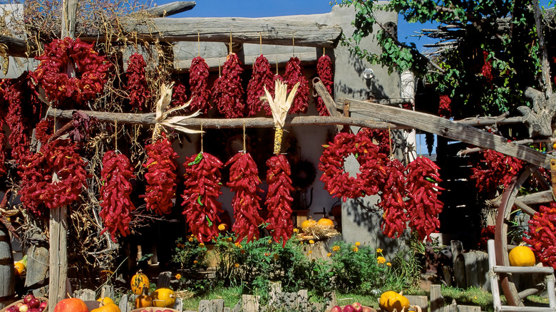 Red chiles and vegetables for sale in New Mexico.