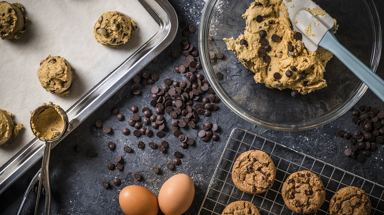 ingredients for making a batch of chocolate chip cookies